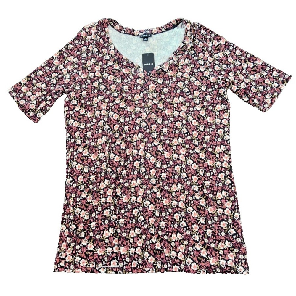 Torrid Womens Plus Size 3 Floral Henley V-Neck Short Sleeve Rib Knit Top Pink
